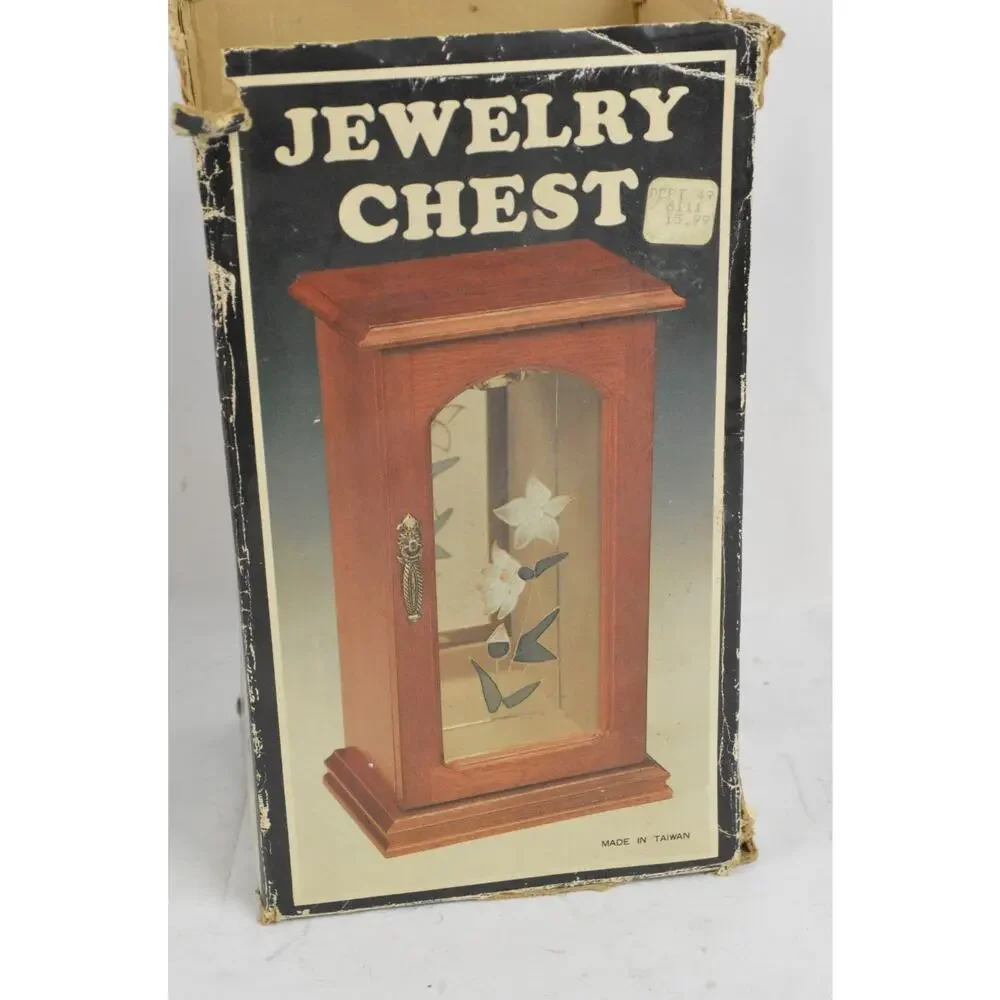 Vintage Wood Jewelry Armoire Cabinet Mirror Glass Door Necklace Box 10